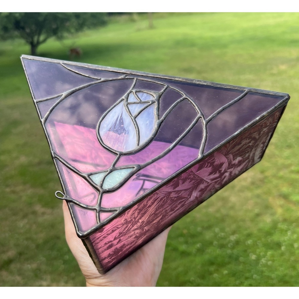 Handmade Stained Glass Rose Jewelry Box Purple Amethyst Triangle Trinket Box